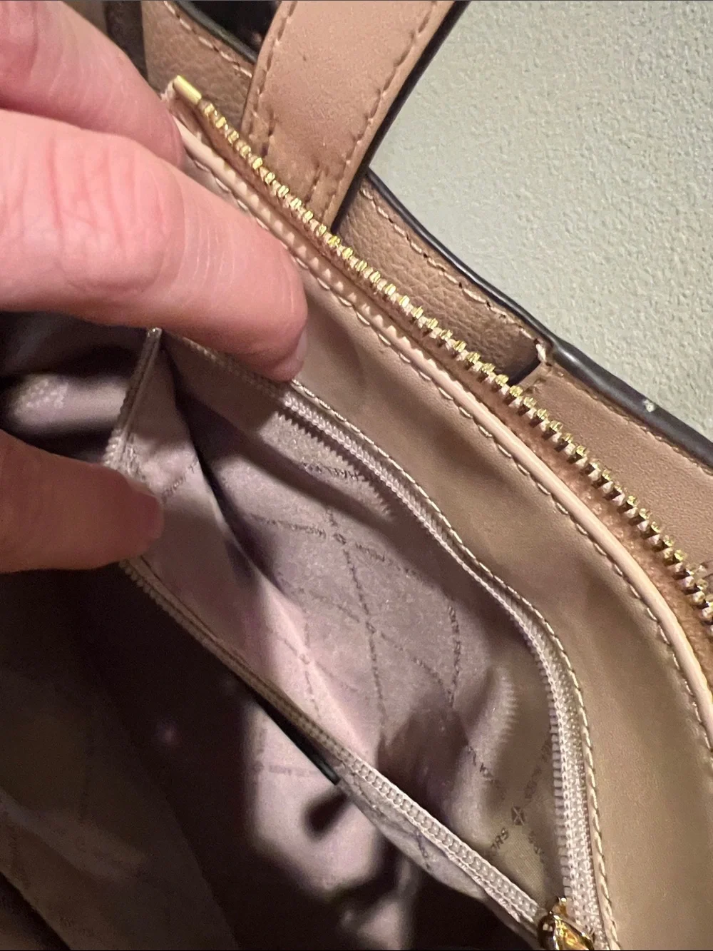 Michael Kors Emilia Small Satchel with Light Beige Trim & Gold Accents
